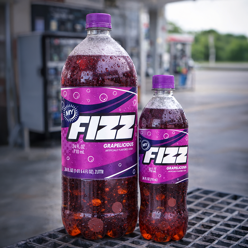 Grape soda packaging design across bottle sizes