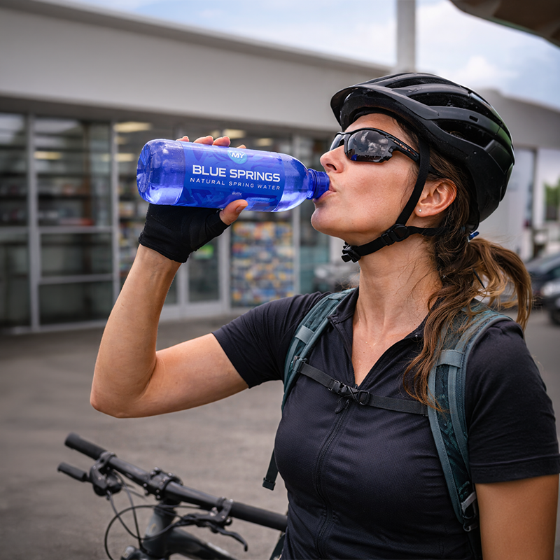 Lifestyle promotional image featuring branded bottled water